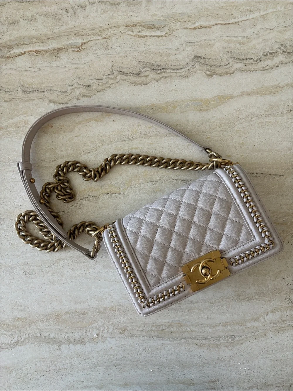 CHANEL Quilted Le Boy Flap Bag In quilted caviar | pale lilac